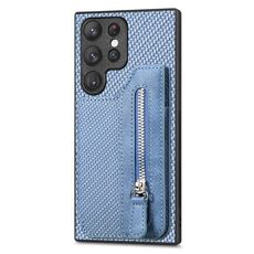 Per Samsung Galaxy S22 Ultra 5G Custodia a portafoglio con cerniera orizzontale in fibra di carbonio (blu)