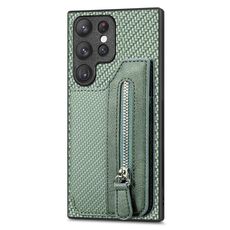 Per Samsung Galaxy S22 Ultra 5G Custodia a portafoglio con cerniera orizzontale in fibra di carbonio (verde)