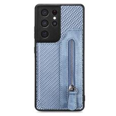 Per Samsung Galaxy S21 Ultra 5G Custodia a portafoglio con cerniera orizzontale in fibra di carbonio (blu)