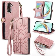 Per vivo Y37 Custodia per telefono in pelle con fibbia laterale con cerniera geometrica (rosa)