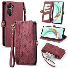 Per vivo Y37 Custodia per telefono in pelle con fibbia laterale con cerniera geometrica (rosso)