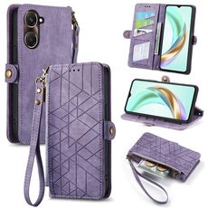 Per vivo Y37 Custodia per telefono in pelle con fibbia laterale e cerniera geometrica (viola)