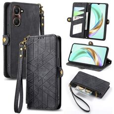 Per vivo Y37 Custodia per telefono in pelle con fibbia laterale con cerniera geometrica (nero)