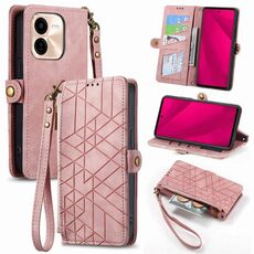 Per vivo Y37 Pro Custodia per telefono in pelle con fibbia laterale con cerniera geometrica (rosa)