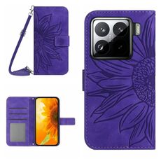 Per Xiaomi 15 Custodia in pelle con stampa a fiore di sole e cordino (viola scuro)