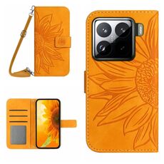 Per Xiaomi 15 Custodia in pelle con stampa a fiore di sole e cordino (giallo)