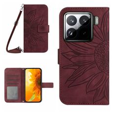 For Xiaomi 15 Skin Feel Sun Flower Embossed Flip Leather Phone Case with Lanyard(Wine Red)