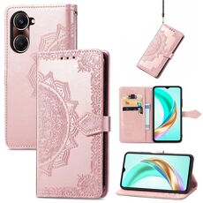 Per vivo Y37 Custodia per telefono in pelle goffrata con motivo mandala e fiore (oro rosa)
