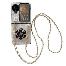 Per OPPO Find N3 Flip Camellia Plaid Fabric PC Phone Case con cordino lungo (bianco)