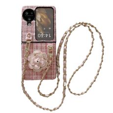 Per OPPO Find N3 Flip Camellia Plaid Fabric PC Phone Case con cordino lungo (rosa)