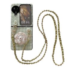 Per OPPO Find N3 Flip Camellia Plaid Fabric PC Phone Case con cordino lungo (verde)