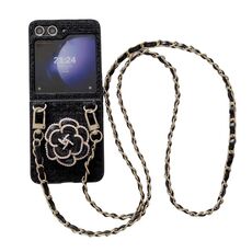 Per Samsung Galaxy Z Flip6 Camellia Plaid Fabric PC Phone Case con cordino lungo (nero)