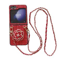 Per Samsung Galaxy Z Flip6 Camellia Plaid Fabric PC Phone Case con cordino lungo (rosso)