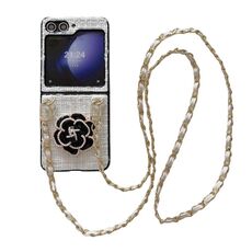 Per Samsung Galaxy Z Flip6 Camellia Plaid Fabric PC Phone Case con cordino lungo (bianco)