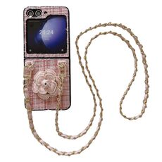 Per Samsung Galaxy Z Flip6 Camellia Plaid Fabric PC Phone Case con cordino lungo (rosa)