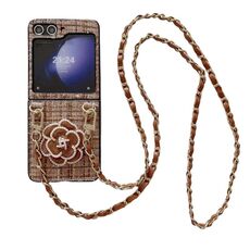 Per Samsung Galaxy Z Flip6 Camellia Plaid Fabric PC Phone Case con cordino lungo (marrone)