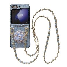 Per Samsung Galaxy Z Flip6 Camellia Plaid Fabric PC Phone Case con cordino lungo (blu)