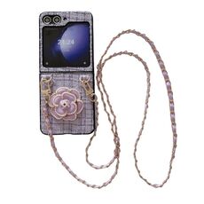Per Samsung Galaxy Z Flip6 Camellia Plaid Fabric PC Phone Case con cordino lungo (viola)