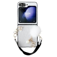Per Samsung Galaxy Z Flip6 Custodia per telefono con copertura completa in peluche con cinturino (bianco)