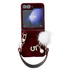 Per Samsung Galaxy Z Flip6 Custodia per telefono con copertura completa in peluche con cinturino (rosso vino)