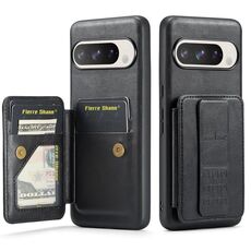 Per Google Pixel 9 Pro XL Fierre Shann Custodia per telefono con porta carte in pelle di mucca cerata e olio (nero)