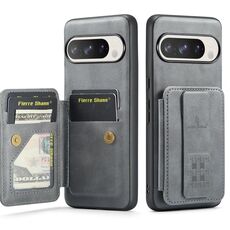 Per Google Pixel 9 Pro XL Fierre Shann Oil Wax Pelle di mucca Porta carte Custodia per telefono posteriore (grigio)
