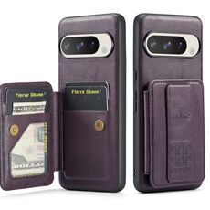 Per Google Pixel 9 Pro XL Fierre Shann Oil Wax Cow Leather Card Holder Back Phone Case (Viola)