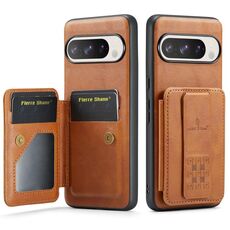 Per Google Pixel 9 Pro XL Fierre Shann Oil Wax Cow Leather Card Holder Back Phone Case (Marrone)