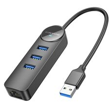 BOROFONE DH6 Adattatore USB 4 in 1 multifunzione a USB 3.0 x 3, RJ45 Gigabit Ethernet, lunghezza: 0,2 m (nero)