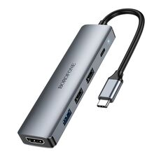 BOROFONE DH14 Adattatore HUB multifunzione 5 in 1 USB-C / Type-C a HDMI, PD, USB 3.0, USB 2.0 x 2, lunghezza: 15 cm (grigio metallo)