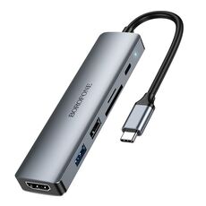 BOROFONE DH15 Adattatore HUB multifunzione 6 in 1 USB-C / Type-C a HDMI, PD, USB 3.0, USB 2.0, SD / TF, lunghezza: 15 cm (grigio metallo)