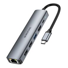 BOROFONE DH16 Adattatore HUB USB-C/Tipo-C multifunzione 6 in 1 a HDMI, PD, USB 3.0, USB 2.0 x 2, RJ45, lunghezza: 15 cm (grigio metallo)