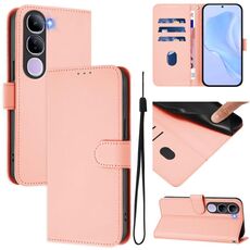 For vivo V40 Lite 5G IDN Skin Feel Solid Color Leather Phone Case with Lanyard(Pink)