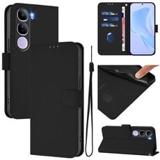 For vivo V40 Lite 5G IDN Skin Feel Solid Color Leather Phone Case with Lanyard(Black)