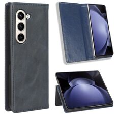Per Samsung Galaxy Z Fold6 Custodia per telefono in pelle con fibbia magnetica e texture retrò (blu)
