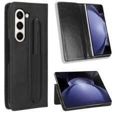 Per Samsung Galaxy Z Fold6 con slot per penna, fibbia magnetica, custodia in pelle con texture retrò (nero)
