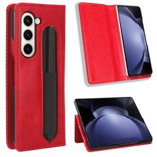 Per Samsung Galaxy Z Fold6 con slot per penna, fibbia magnetica, custodia in pelle con texture retrò (rosso)