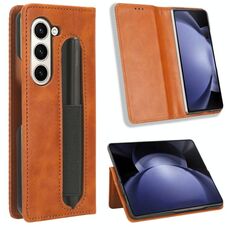 Per Samsung Galaxy Z Fold6 con slot per penna, fibbia magnetica, custodia in pelle con texture retrò (marrone)