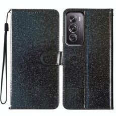 Per OPPO Reno12 Pro Custodia per telefono in pelle con glitter globale (nero)