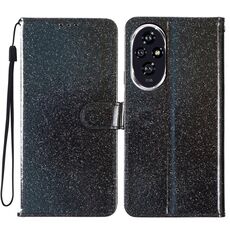 Custodia per telefono in pelle flip glitterata For Honor 200 (nera)