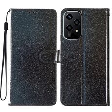 Custodia per telefono in pelle Flip con polvere glitterata globale per Honor 200 Lite (nero)