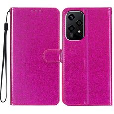 Custodia per telefono in pelle con flip glitterata globale per Honor 200 Lite (rosso rosa)