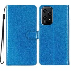 Custodia per telefono in pelle Flip con polvere glitterata globale per Honor 200 Lite (blu)
