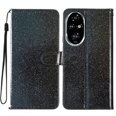 Custodia in pelle flip glitterata per Honor 200 Pro (nera)