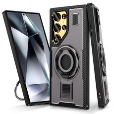 Per Samsung Galaxy S22 Ultra 5G Custodia per telefono con supporto ad anello in fibra di carbonio PC ibrido TPU (grigio)