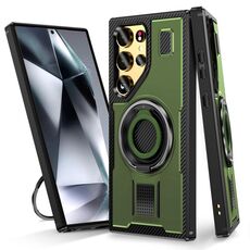 Per Samsung Galaxy S22 Ultra 5G Custodia per telefono con supporto ad anello in fibra di carbonio PC ibrido TPU (verde militare)