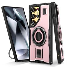 Per Samsung Galaxy S22 Ultra 5G Custodia per telefono con supporto ad anello in fibra di carbonio PC ibrido TPU (oro rosa)