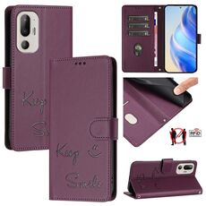 Per HTC U24 Pro Smile Embossing Custodia in pelle RFID per telefono (viola)