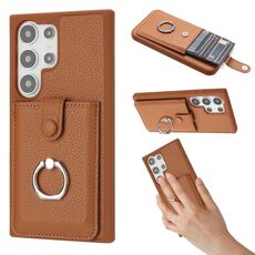 Per Samsung Galaxy S24 Ultra 5G Litchi Texture Disegno Carta Borsa Anello Supporto Custodia per Telefono (Marrone)