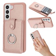 Per Samsung Galaxy S22 5G Litchi Texture Disegno Carta Borsa Anello Supporto Custodia per Telefono (Oro Rosa)
